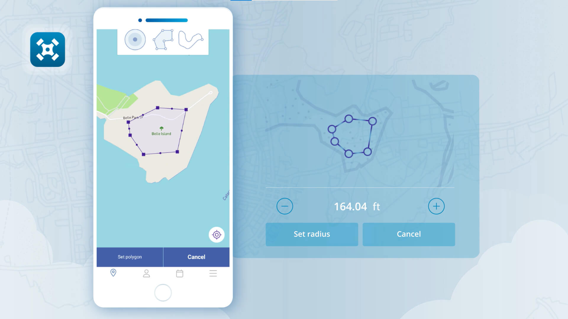 A smartphone screen displays the NAV Drone app’s operation planning feature, showing a custom flight area mapped on Belle Island.